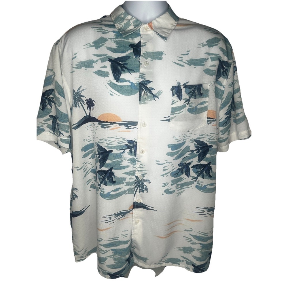 Croft & Barrow Mens XL Tropical Flying Fish Palm Tree Sunset Button Down Shirt